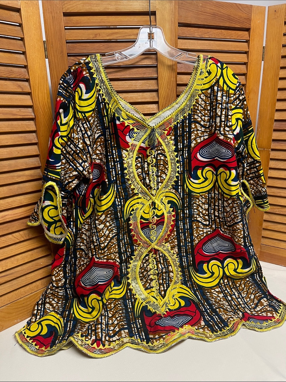 Embroidered V-Neck Tunic in Yellow, White, Red, Navy Blue & Brown